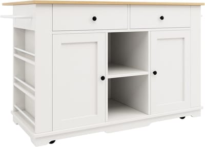 Keukeneiland, keukentrolley met stekkerdoos, keukenkast, serveerwagen met werkblad, dressoir, voedseltrolley met houtnerf, dressoir, wit