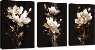 3 panelen moderne canvas muurkunst zwart goud pioenroos bloemen foto schilderij op canvas prints voor woonkamer slaapkamer kantoor wanddecoratie klaar om op te hangen, gespannen op frame,30 x 40 cm x,