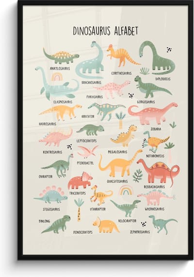 Poster in lijst - Fotolijst 80x120 cm - Posters - Dinosaurus alfabet - Leren voor kinderen - Dino's - Educatief - Posterlijst zwart - Kamer decoratie - Wanddecoratie kinderkamer - Muurdecoratie babykamer
