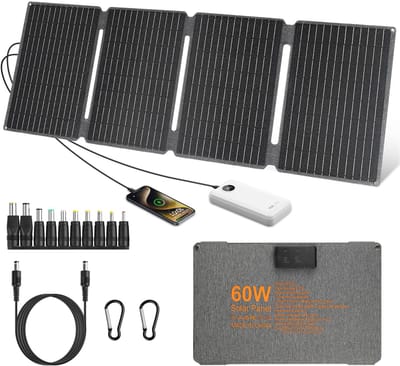 【60W draagbaar zonnepaneel 18V kit】opvouwbare zonnepaneeloplader, 60W zonnelader, DC+USB 3.0+Type-C, ETFE IP67 waterdichte zonnepanelen voor camping krachtcentrale, accutelefoons, tablet