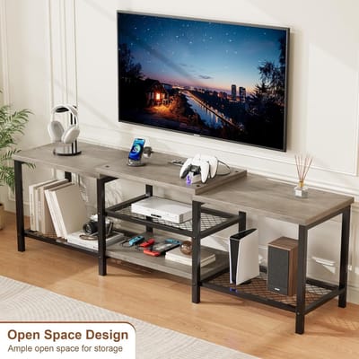 TV-standaard in industriële stijl- voor een 70-inch televisie- met ledstrip-4 open opbergvakken en een metalen frame- grijs