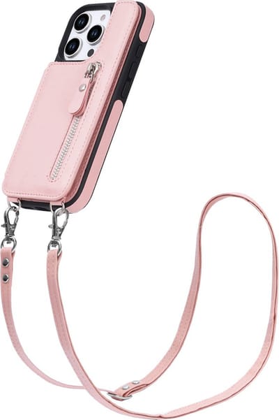 CaseBoutique Backcase hoesje geschikt voor iPhone 16 Pro - Effen Roze - Kunstleer - met Crossbody Koord, Pashouder & Ritsvakje