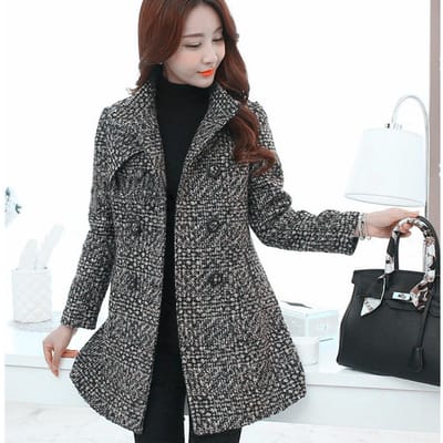 Vrouwen Wollen Jas Lange Gewatteerde Jas Herfst Elegante Moeder Kraag Kraag Geometrische Plaid Lange Wollen Jassen Vrouw M zwart
