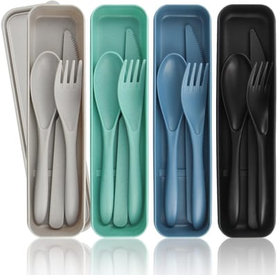 4x Draagbaar Reisbestek Set – Vork, Lepel & Mes in Etui, PP Kunststof, Herbruikbaar & Vaatwasbestendig, Compact voor Camping, Picknick & Schoollunch