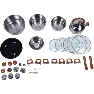 Ensemble d'Ustensiles de Cuisine en Acier Inoxydable Multifonctionnel Motif Grain de Bois Ustensiles de Cuisine Casseroles Poêles Ensemble avec L