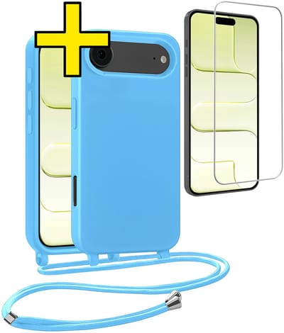 Hoesje Geschikt voor iPhone Air Hoesje Met Koord Met Screenprotector Siliconen Case - Hoes Geschikt voor iPhone Air Backcover Met Afneembaar Koord - Lichtblauw