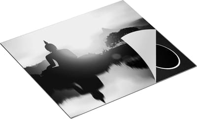 Chefcare Inductie Beschermer Silhouet van Boeddha Beeld met Zonsondergang - Zwart Wit - 60x50 cm - Afdekplaat Inductie - Kookplaat Beschermer - Inductie Mat
