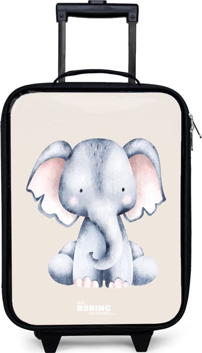 NoBoringSuitcases.com® - Kinderkoffer jongen - Kindertrolley meisje - Olifant tekening tegen een beige achtergrond - Koffer kind lichtgewicht - Reiskoffer trolley voor kinderen - Koffertje met lichtgevende wieltjes - Rolkoffer zwart