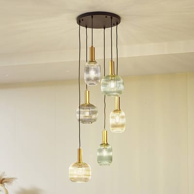 Lindby - hanglamp - 6lichts - Glas, ijzer - E27 - rokerig grijs