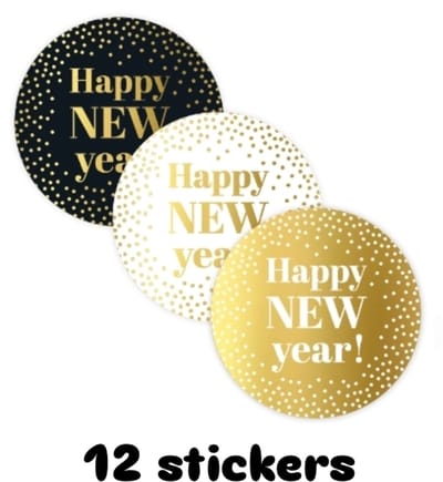 12x sluitsticker gelukkig nieuw jaar - happy new year - gelukkig nieuw jaar - oude en nieuw - jaarwisseling - nieuwjaarsreceptie - leuk inpakken - makkelijk verpakken - cadeausticker