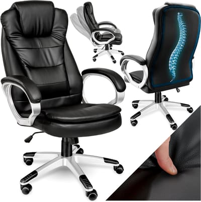tectake® Bureaustoel - Luxe directiestoel - Draaistoel met wielen - In hoogte verstelbaar - Ergonomische computerstoel van kunstleer - Inclusief armleuningen en kantelmechanisme - Vulling 12 cm - Zithoogte 47-55 cm - Zwart