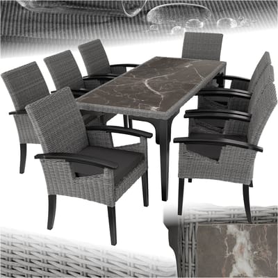 tectake® Wicker meubelset - 8 stoelen en 1 tafel - Moderne en weerbestendige stoelen (Draagkracht 150 kg) met eettafel in marmerlook ((LxBxH) 196 x 87 x 76 cm) - Eetkamer lounge - Tuinmeubelen voor balkon, terras en buitenkeuken - Grijs
