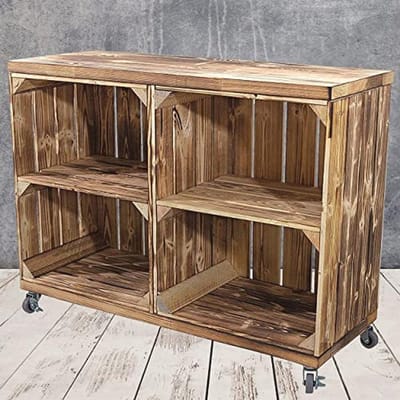 Rek met twee gevlamde kisten en middenplank op wielen - Multifunctioneel opslagmeubel 61x80x31cm