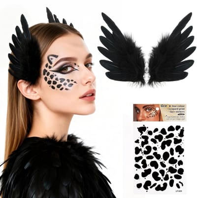 Dailygoods- Haarspeld Zwart - Veerhaarsieraad - Engelenvleugels - Luipaardpatroon - Halloween/Carnaval - Handgemaakt Accessoire - Haarsieraad