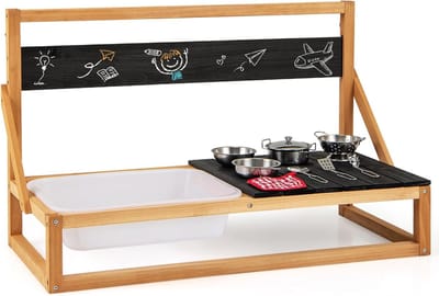 KOMFOTTEU Houten Modderkeuken - klein - met gootsteen, krijtbord, droogdweil en 7 keukenaccessoires - buitenkeuken - buiten speelkeuken - met haak - kinderkeuken voor kinderen vanaf 3 jaar