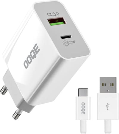 OOQE 2-in-1 USB Quick Charger | USB-C en USB-A ingang | Snellader | Oplader | Adapter | 20 Watt | Universeel | Inclusief OOQE USB-C kabel van 1m