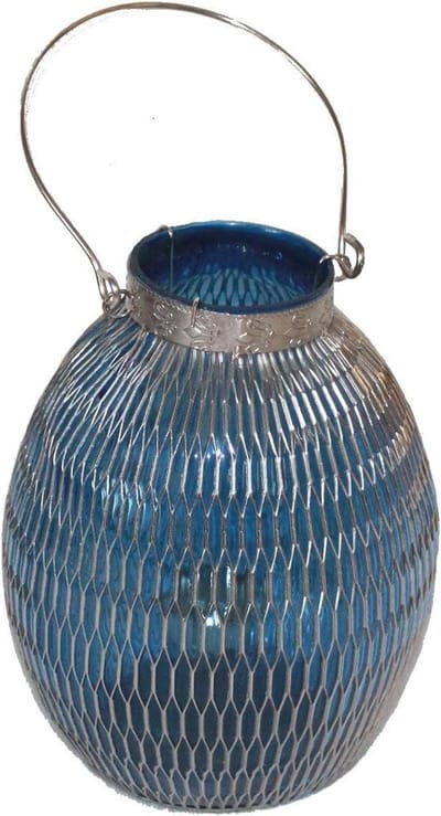 Oriental table lantern made of glass, metal lumwoben, nickel-plated, blue, 16 x 22 cm, no. 110