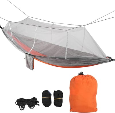 Campinghangmat met klamboe - Lichtgewicht hangmat - Ontspannen in de natuur - Geïntegreerd muggennet - 260x140 cm - Oranje grijs