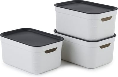 Rotho Jive opbergboxen set van 3 opbergdozen 5 l met deksel, kunststof (PP gerecycled), wit/antraciet, 3 x 5 l (26,5 x 18,5 x 13,2 cm