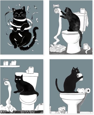 Cosensi - Zwarte Kat Badkamer Wandkunst Set van 4, Grappig Ontrollen Toiletpapier Schilderij, Japandi Decor Thema, 8x10 inch Zonder Lijst