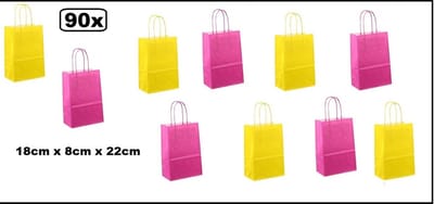 90x Papieren koordtas fuchsia en felgeel 18x8x22cm  - goodiebag|papieren|draagtas|tas|koord|festival|kado|themafeest|party|geschenken