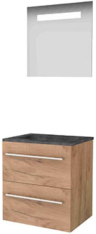 Basic-Line Economic 46 Badkamermeubelset - 60 x 46 cm - Met Grepen - 2 Lades - Hardstenen Wastafel - Zonder Kraangat - Spiegel met LED Verlichting - Whisky Oak