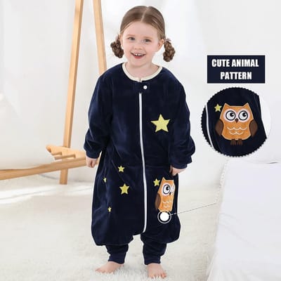 Famanu - babyslaapzak met voeten, lente, herfst, slaapromper met pijpen, lange mouwen, ritssluiting, schattige pyjama, slaapzak, voor kinderen, meisjes en jongens, 1-6 jaar, vier seizoenen, uil, 5-6 jaar