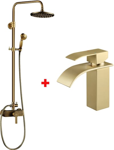 Auralum Max Regendouche - Vintage Doucheset - Met Goud Wastafelkraan - Ø 20 cm - Regendouche en Handdouche - Messing & RVS - Douchesysteem - Verstelbare Hoogte 96-135 cm - Goud