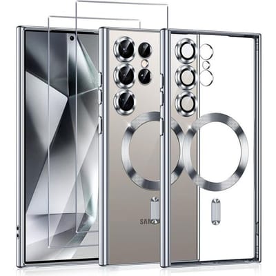 Hoesje voor Samsung Galaxy S25 Ultra - met Magnetische Ring - Zilver + 2 Geharde Glazen - BOOLING® transparant/zilver