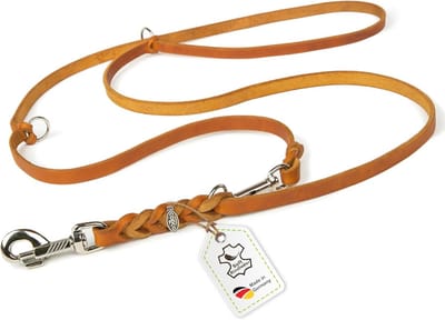 Hondenriem van vetleer - 3 m x 15 mm, Cognac, 3-voudig Verstelbaar, Gevlochten, Robuust, Ideaal voor Training en Wandelingen