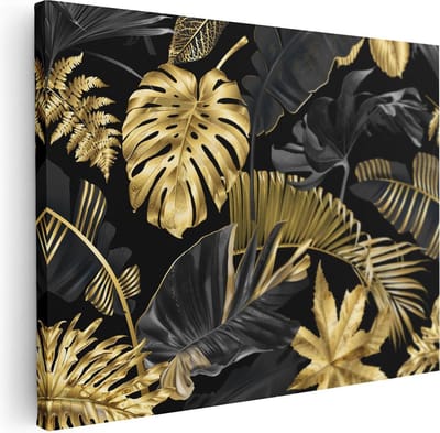Artaza Canvas Schilderij Jungle Bladeren - 40x30 cm - Klein - Muurdecoratie Planten - Wanddecoratie Botanisch - Kamer Accessoires Goud