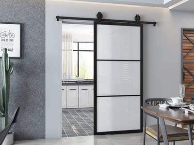 Barnwoodweb Schuifdeur - 3 Vaks Melkglas - Industrieel Zwart Staal - 100x215 cm - Inclusief Schuifdeursysteem en Deurgreep