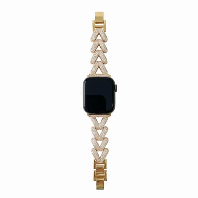 Casemania Metaal Watch Band Geschikt voor Apple Watch Series 10-11 (42mm), Series 1-9 (38mm, 40mm, 41mm), SE (40mm) - Goud - Luxe Schakelbandje met Kristallen - Verstelbare Zinklegering Horlogenbandje