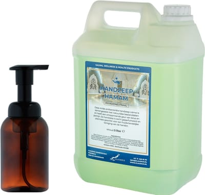 Zeepdispenser 300 ml amber bruin hervulbaar + 5 liter Handzeep Hamam navulling