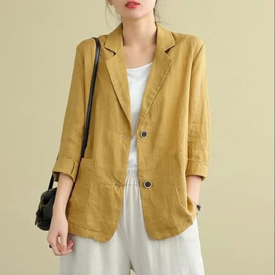 Veste de costume en coton et lin pour femmes, haut ample et décontracté à manches longues M jaune