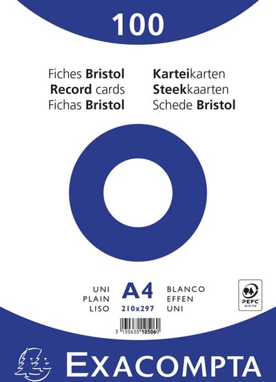 Exacompta 10x Pak 100 steekkaarten bristol in folie - effen niet geperforeerd 210x297mm - Wit - 10506E