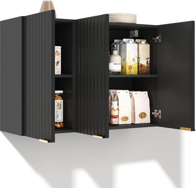 Zwarte keuken wandkast - Hangkast met 3 deuren - Geribbelde deuren en goudkleurige handgrepen - Voor badkamer en wasruimte - 90x29x60 cm Zwart