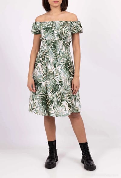 Dames jurk Dieke-bladerenmotief-groen wit beige-Maat S-strandjurk
