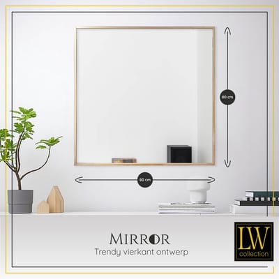 LW Collection wandspiegel goud vierkant 80x80 cm metaal - grote spiegel muur - industrieel - woonkamer gang - badkamerspiegel - muurspiegel slaapkamer gouden rand - hangspiegel met luxe design