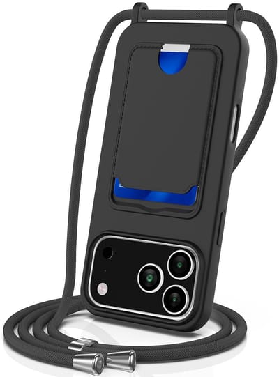 Lunso Geschikt voor iPhone 17 Pro - Telefoonhoes met koord en kaarthouder - Zwart