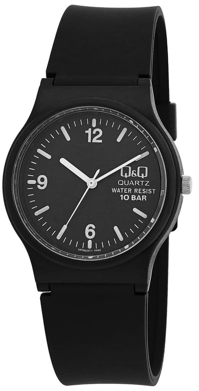 Q&Q VP46J011Y - Horloge - Sport - Analoog - Unisex - Plastic band - Rond - Cijfers - Kunststof - Zwart - Wit - 10 ATM