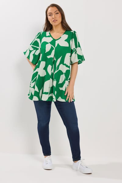 Yours Groene Getextureerde Geplooide Top Met Abstracte Print Size 46