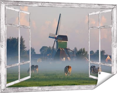 Gards Tuinposter Doorkijk Landschap met Koeien - 120x80 cm - Tuindoek - Tuindecoratie - Wanddecoratie buiten - Tuinschilderij
