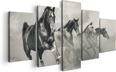 Artaza Canvas Schilderij Vijfluik Vier Paarden Naast Elkaar - Zwart Wit - 100x50 - Foto Op Canvas - Canvas Print