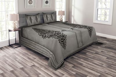 ABAKUHAUS Dagdekset – Grijs/Zwart Bloemen – 220x220 cm + 2 Kussenhoezen