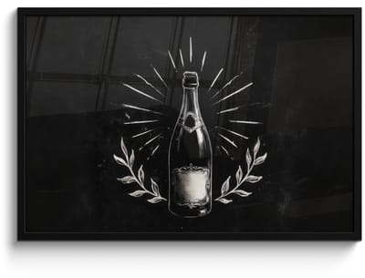 Poster in lijst - Fotolijst 90x60 cm - Posters - Champagnefles - Lauriertakken - Zwarte achtergrond - Posterlijst zwart - Decoratie - Wanddecoratie woonkamer - Muurdecoratie slaapkamer