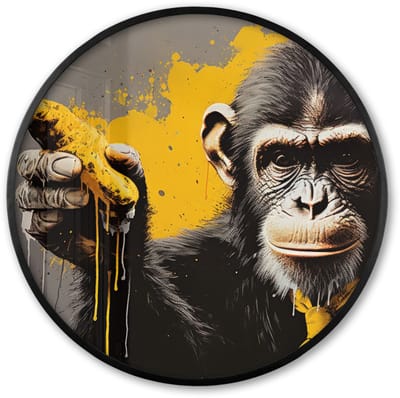 Poster in lijst Rond - Fotolijst 60x60 cm - Posters - Aap - Chimpansee - Banaan - Geel - Dieren - Stropdas - Ronde posterlijst zwart - Decoratie - Wanddecoratie woonkamer - Muurdecoratie slaapkamer