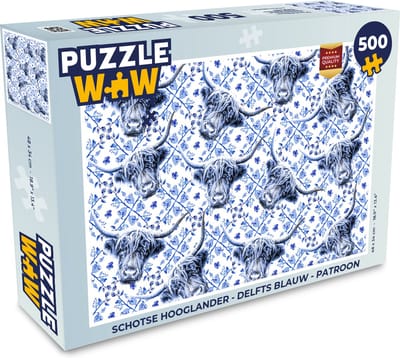 Puzzel Schotse hooglander - Delfts blauw - Patroon - Legpuzzel - Puzzel 500 stukjes