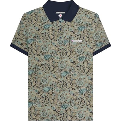 Lambretta Heren SS25 Paisley gemerkt poloshirt (Marine/Cameoblauw)