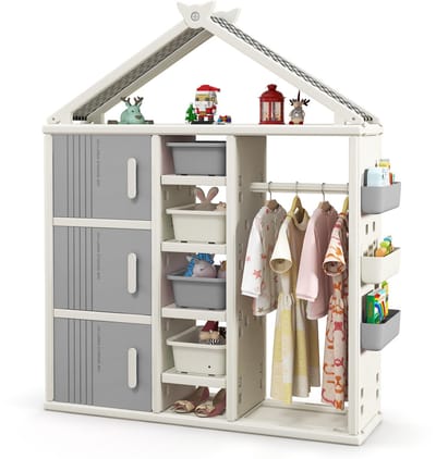 COSTWAY Kinderrek in huisvorm met kledingstang, boekenrek voor kinderen, speelgoedrek met planken, zijmanden en 4 opbergdozen, speelgoedorganizer, speelgoedkast voor kinderkamer (grijs)